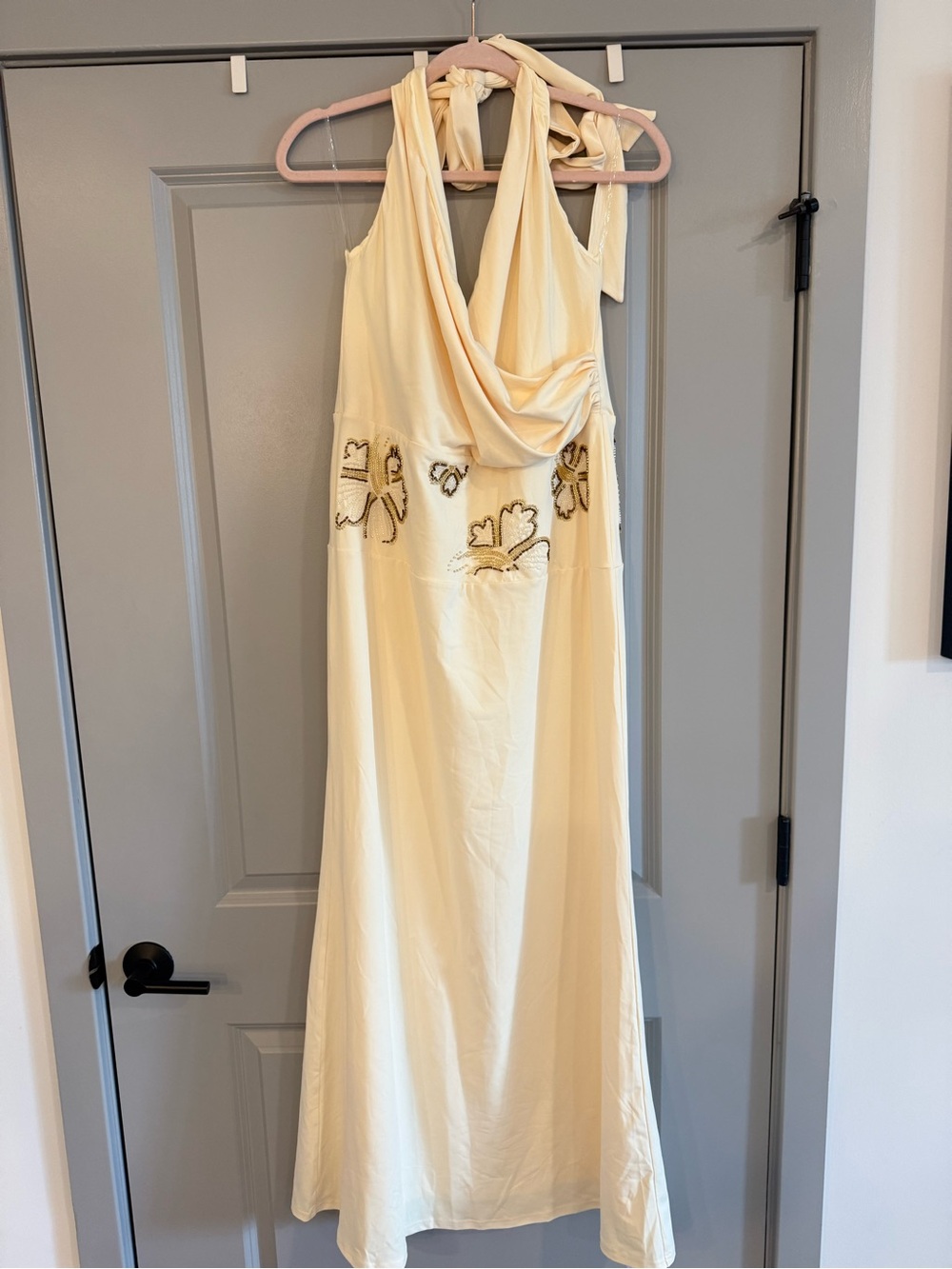 Peppermayo Cream Halter Maxi Dress with Embroidered Waist